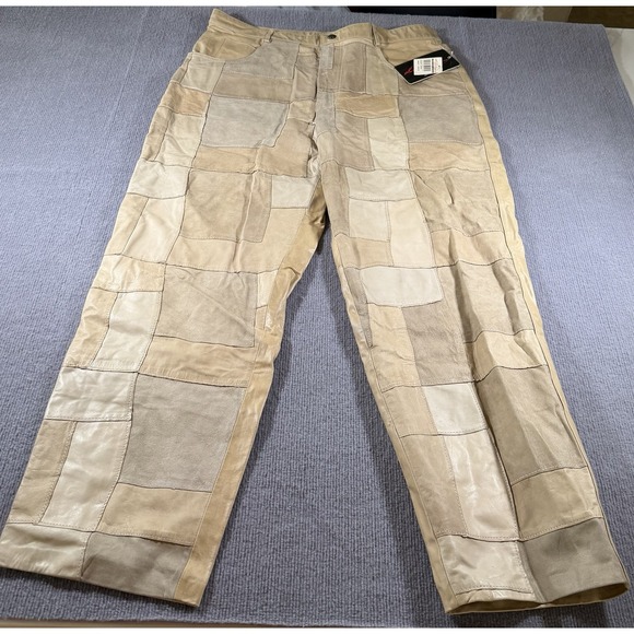 Vintage Davoucci Brown Patchwork 44x32‎ Genuine Leather Pants NWT Retro * - Picture 2 of 11